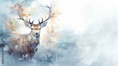  a painting of a deer with large antlers on it's head and a snowy landscape in the background with snow flecks and trees in the foreground.