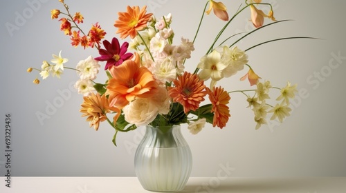  a vase filled with lots of flowers on top of a white table with a gray wall behind it and a white wall behind the vase with orange and white flowers. © Olga