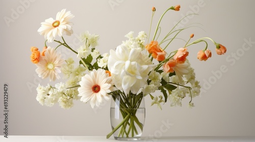  a glass vase filled with lots of white and orange flowers on a white table with a white wall behind it and a white wall behind the vase is filled with orange and white. © Olga