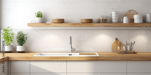  a white and wooden kitchen interior with sink, stove, hood, kitchenware, and hidden shelves. © Vusal