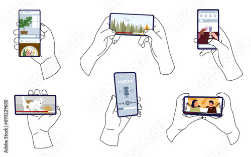 Hands holding a smartphone. Hand holding smartphone with movies, news media, social network story, series, podcast set. Concept of news