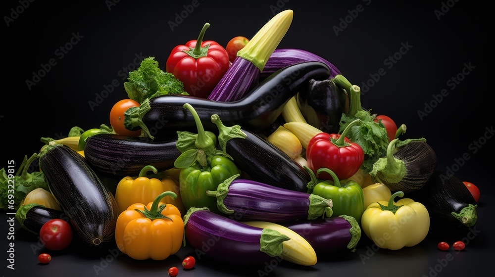  a pile of assorted vegetables sitting on top of each other on top of a black surface with red, yellow, green, purple, and orange peppers on top.
