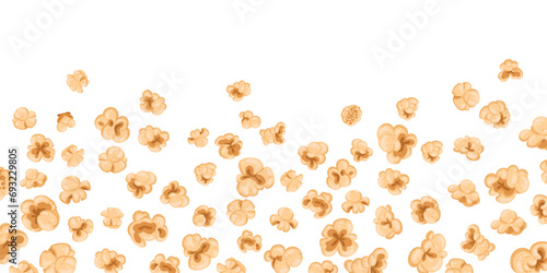 Falling pop corn border. Cartoon popcorn pattern, sweet or salty popping corn snack flat vector background illustration. Flying corn flakes