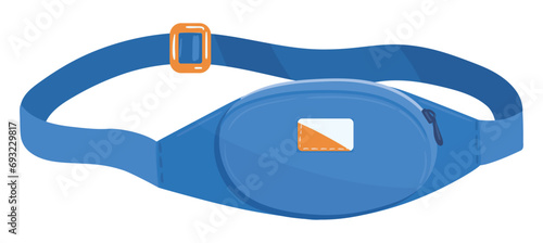 Nylon zipped pouch. Cartoon vintage waist bag, old school belt bag with zipper pocket flat vector illustration. Blue waist bag