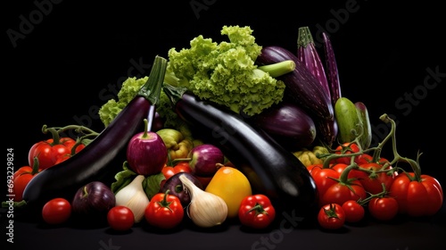  a pile of vegetables sitting next to each other on a black surface with tomatoes  broccoli  cucumbers  onions  and other fruits and vegetables.