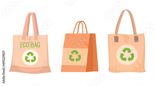 Recycled shopping bags. Reusable grocery bags, no waste textile bags flat vector illustration set. Zero waste shopping bags
