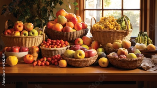  a wooden table topped with baskets filled with lots of different types of fruit next to a window filled with a potted plant and a potted plant next to a window.