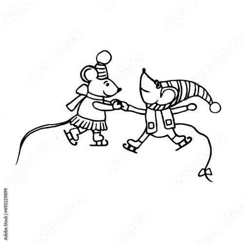 Cheerful pair of mice is skating on the ice. Vector illustration with cartoon animals for postcards, coloring books, books.