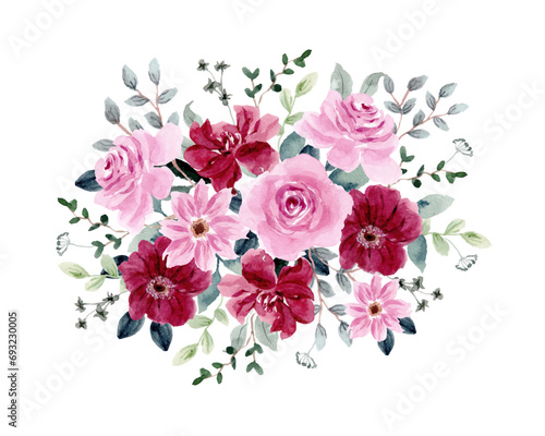 red pink watercolor floral bouquet