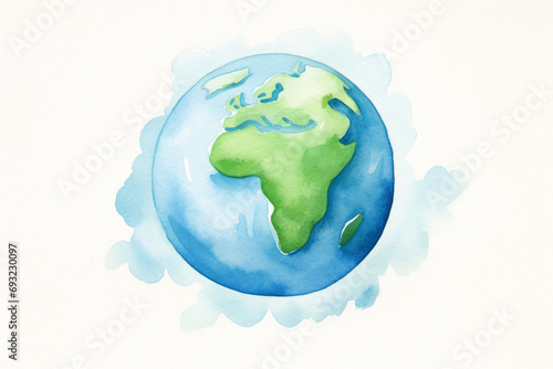 Illustration de planète terre à l'aquarelle. Monde, terre, univers. Bleu et vert. Papier, dessin, peinture. Pour conception et création graphique. photo