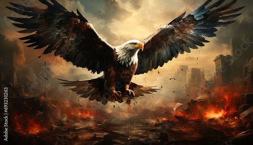 Bald eagle emerging from the flames of its own destructive actions. A symbol of the United States' supposed role as a force for evil in the world