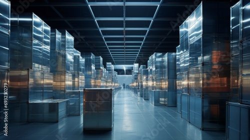An expansive warehouse filled with metallic crates and containers, their surfaces polished to perfection, reflecting the surrounding environment with pristine clarity