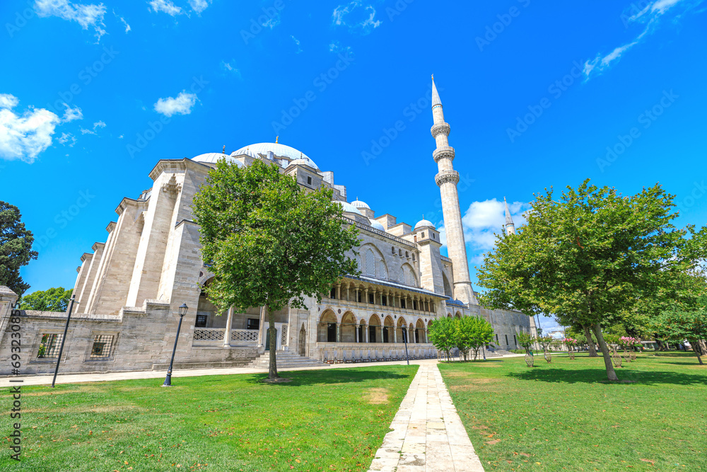 Suleymaniye Mosque's courtyard stands as an architectural marvel, a testament to the splendor of the Ottoman Empire in Istanbul, Turkey. It is a testament to the vision of Sultan Suleyman.