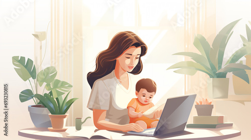 Woman works at home on a laptop with a child. Mom works remotely