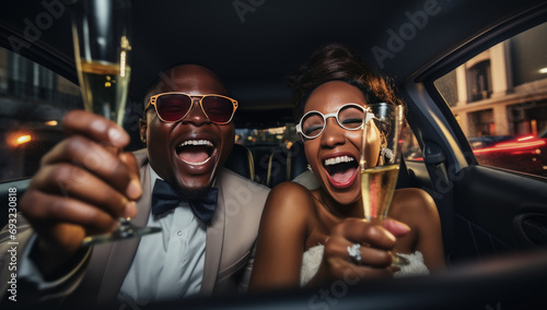 feliz pareja afroamericana, con gafas y trajes de boda o fiesta, dentro de una limusina negra, bebiendo champán en copas de cristal photo