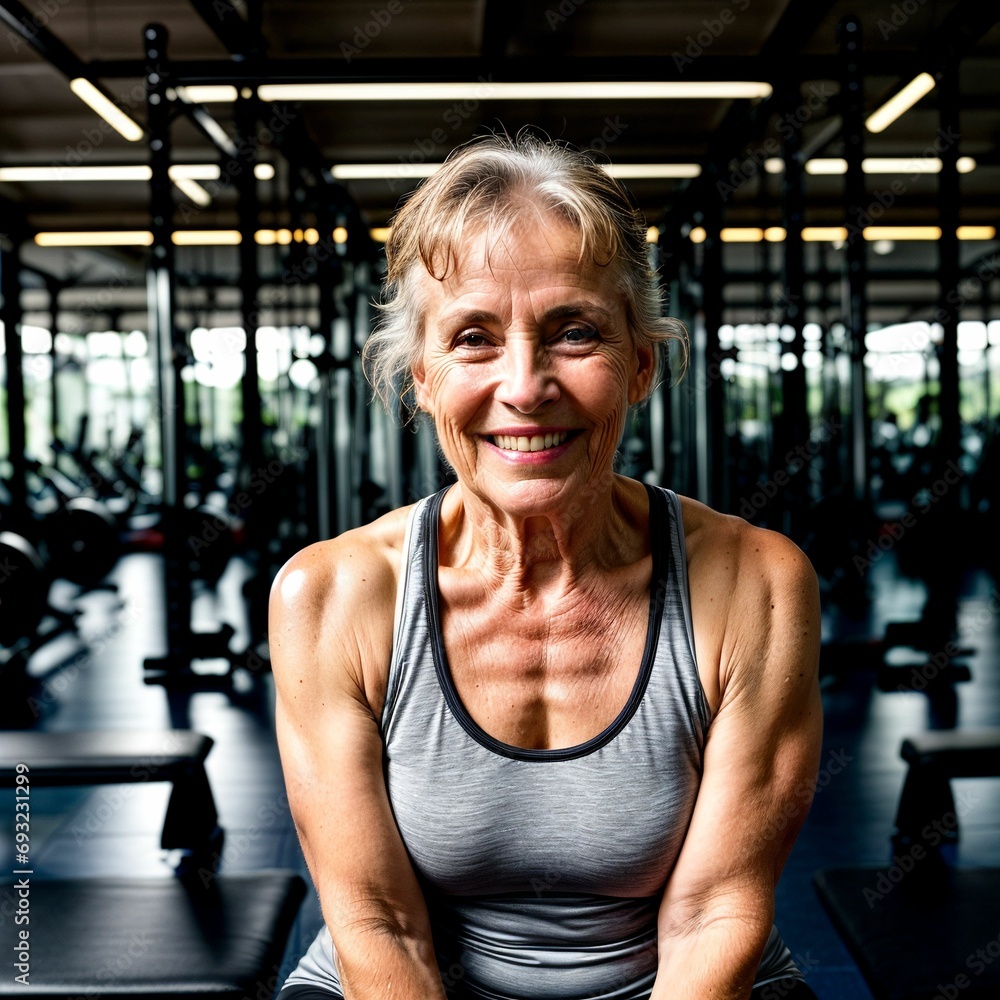 Fototapeta premium old person exercising sweating, elderly woman old lady who is buff and fit portrait living young and aging well as a senior citizen.
