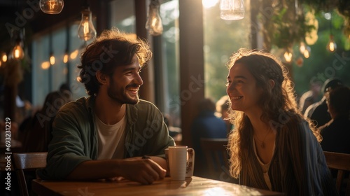 portrait of happy young couple on date in coffeeshop enjoying and smiling