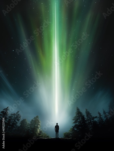 a person standing in front of a green light beam