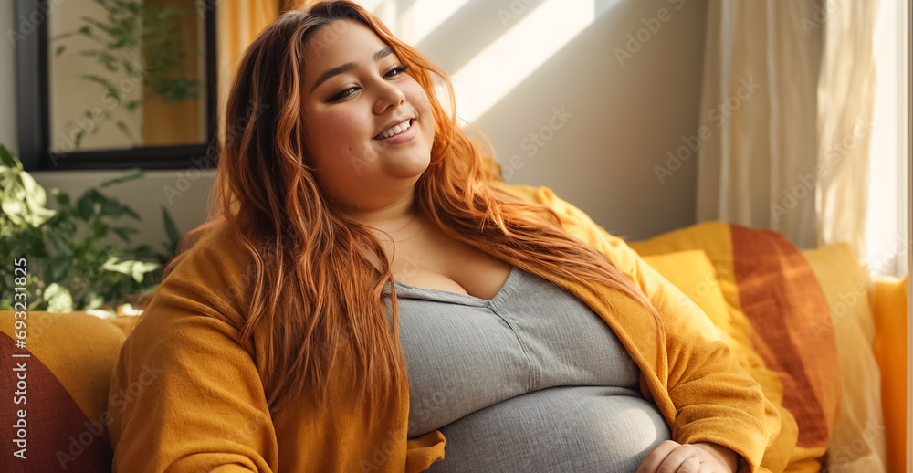 Portrait of a very large happy woman at home lifestyle