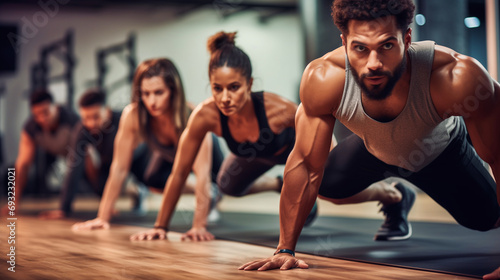  a group of focused individuals performing push-ups in a fitness class