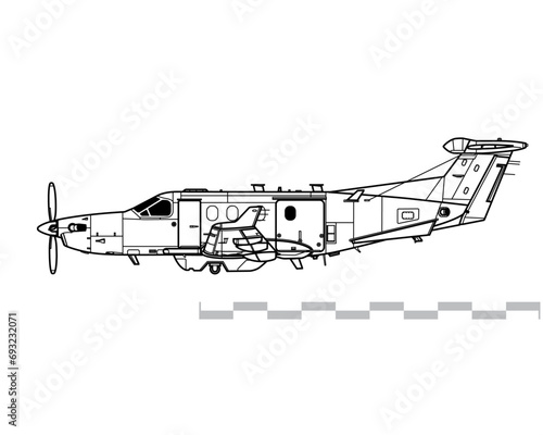 Pilatus U-28A Draco, PC-12M Spectre. Reconnaissance aircraft for support special operations. Side view. Image for illustration and infographics. photo