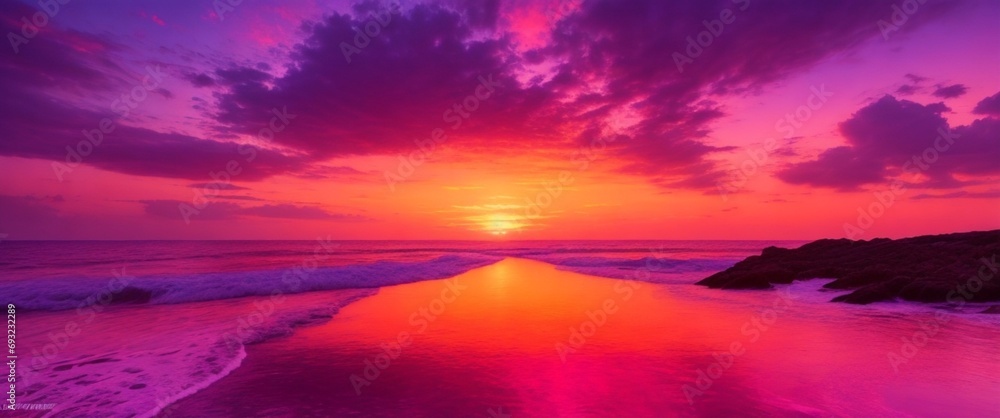 A majestic fantasy sunset over a crystal clear ocean, with vibrant hues of pink, purple, and orange blending together in a mesmerizing display.