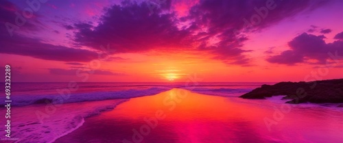 A majestic fantasy sunset over a crystal clear ocean, with vibrant hues of pink, purple, and orange blending together in a mesmerizing display.