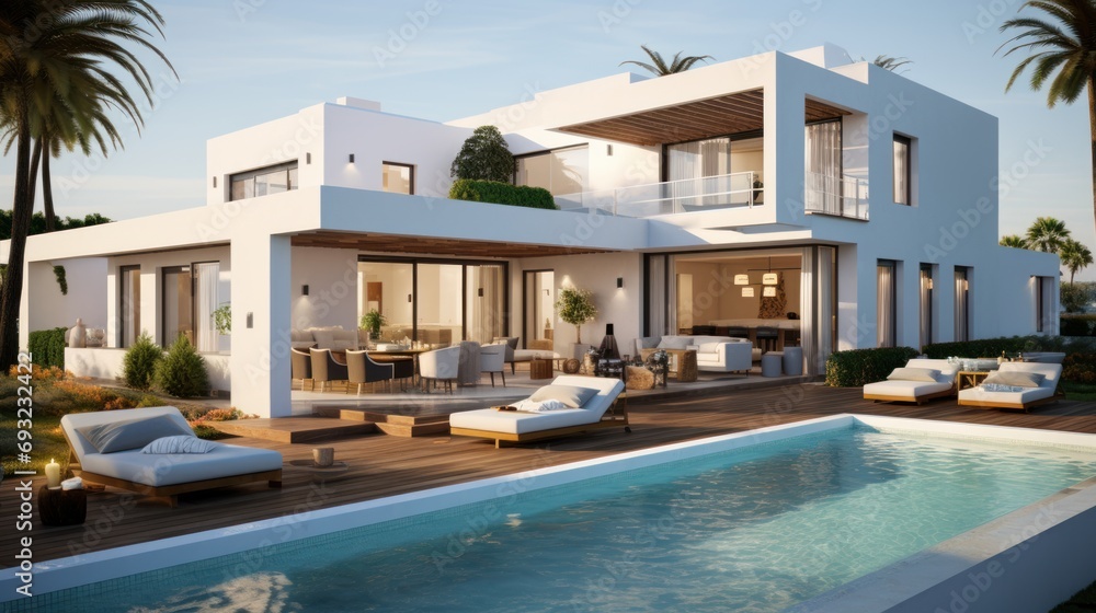 Fototapeta premium White hotel and resort luxury mediterranean style. Generative AI