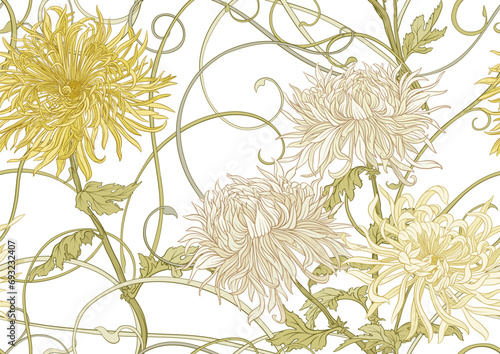 Chrysanthemum decorative flowers and leaves in art nouveau style, vintage, old, retro style. Seamless pattern, background. Vector illustration.