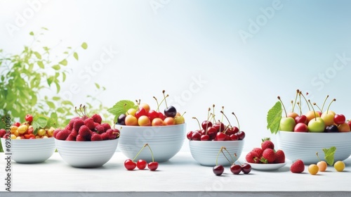  a group of bowls filled with lots of different types of fruit on top of a white table next to a bush of green leaves and a blue sky in the background.