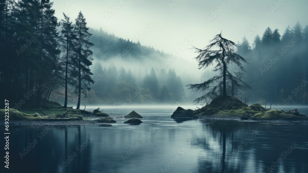 Misty foggy lake in nature forest. Generative AI
