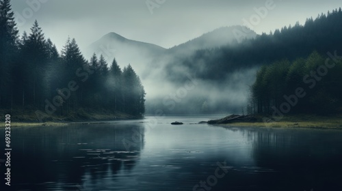Misty foggy lake in nature forest. Generative AI