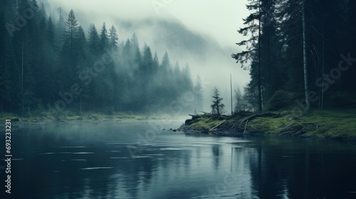 Misty foggy lake in nature forest. Generative AI photo