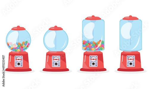 Set of cute candy machines in cartoon style. Vector illustration of transparent candy machines with colored candies: round and rectangular isolated on white background. Gumball machine.