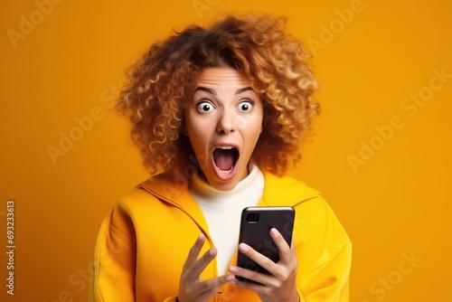 An astonished young woman in a yellow jacket reacts vividly to content on her phone, her wide-eyed expression and open mouth conveying surprise and excitement photo