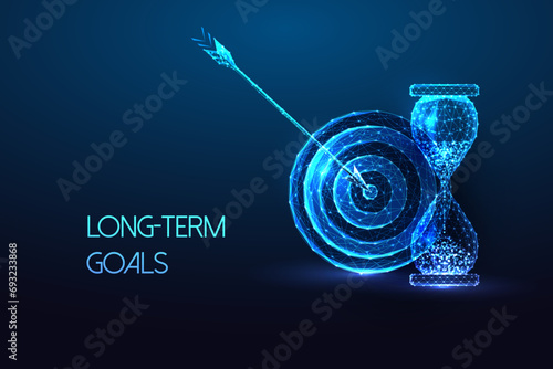 Long term goals, strategy and planning futuristic concept with target and hourglass symbols on blue