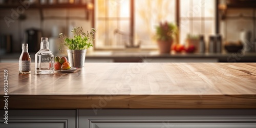Blurred kitchen counter with table top. photo
