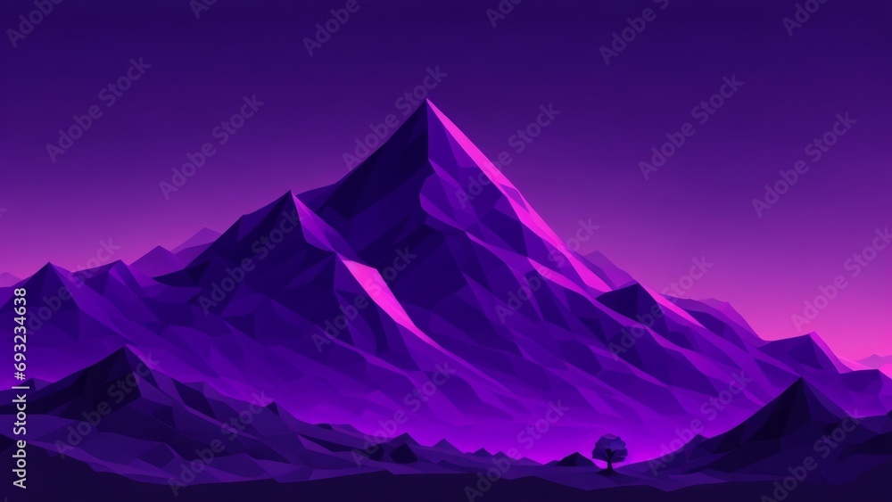 Illustration of poly triangle shaped landscape, mountain and sky in purple colored. Can be used as wallpaper or banner.