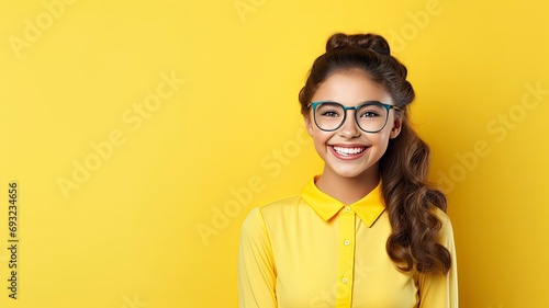 portrait of a teacher and student looking very happy, one color background, copy space, generative ai photo