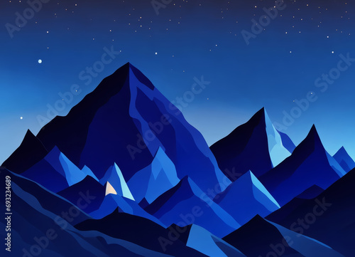 Illustration of poly triangle shaped landscape, mountain and sky in blue colored. Can be used as wallpaper or banner.