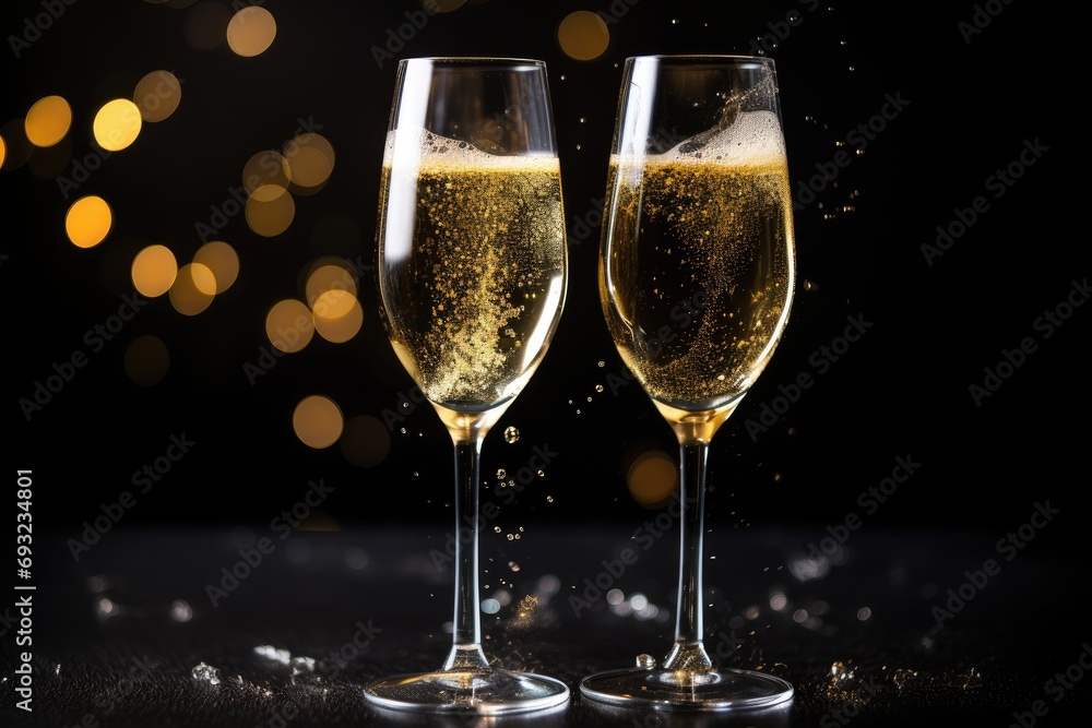 A pair of elegant golden champagne flutes clinking in a festive toast A pair of elegant golden champagne flutes clinking in a festive toast