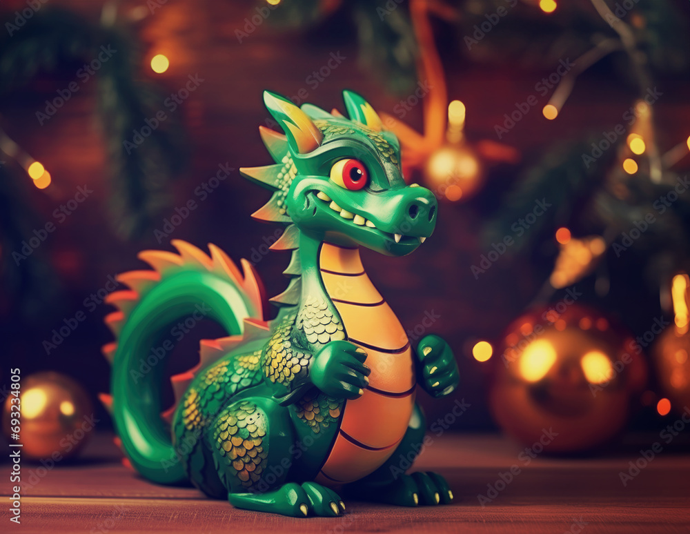 Green wooden dragon toy - the cute sign of New Year 2024 on Christmas