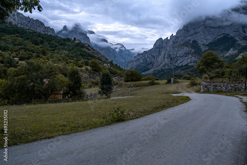 Beautiful landscape photo of road going through natural park full of mountains and trees during summer in cordillera Cantabrica, picos da europa, leon, asturias, spain