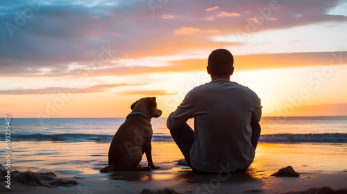 Man and Dog at Sunset Beach: A Serene Moment of Togetherness, Looking Out to Sea