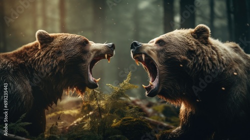 close-up portrait of two big brown bears fighting with mouthes open with teeth and paws with claws photo