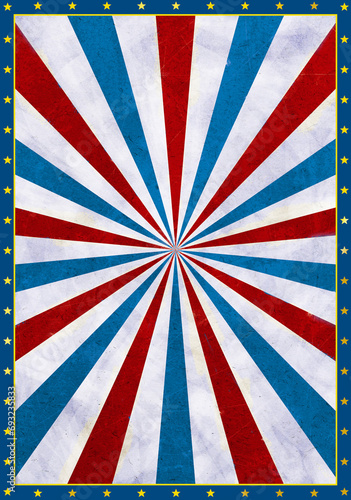 Vintage Circus Poster Background with a grunge paper texture on red, blue and white SunBurst rays pattern, unframed with golden star and light gold line edge decoration