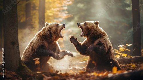 close-up portrait of two big brown bears fighting with mouthes open with teeth and paws with claws