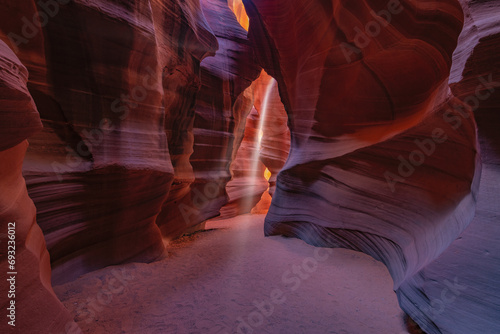 Famous midday sun ray in a slot canyon Antelope. The Navajo reservation, Arizona, USA