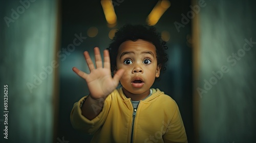 Image of little afro boy giving a stop sign with his hand isolated.