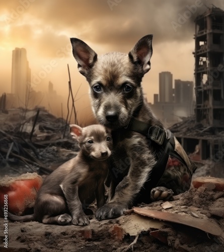 Pour crying dog with puupy on war in destroyed city